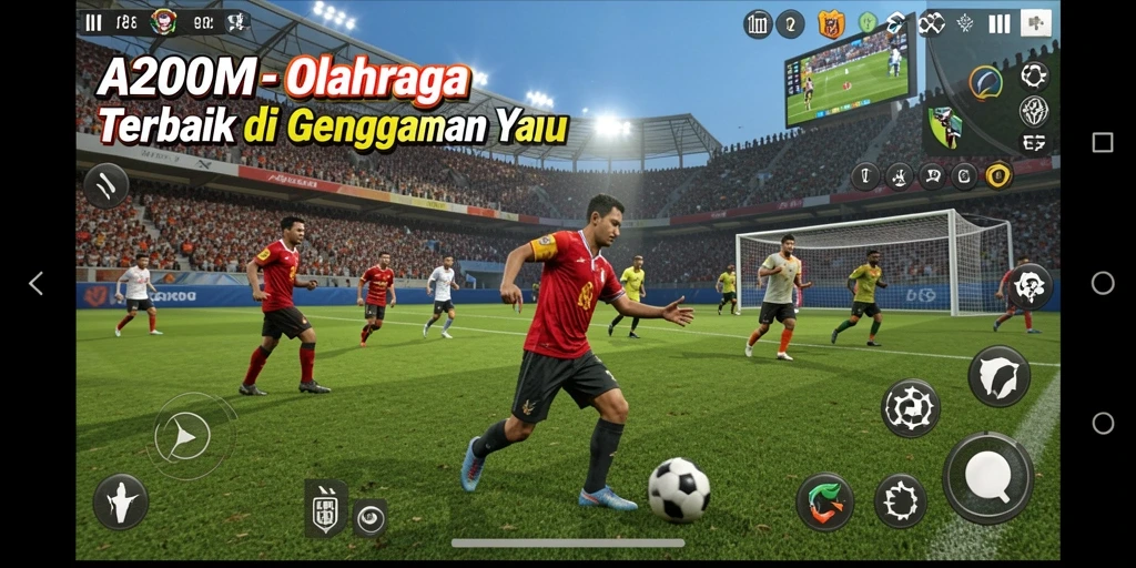 Tangkapan layar A200M menampilkan aksi seru di lapangan olahraga.