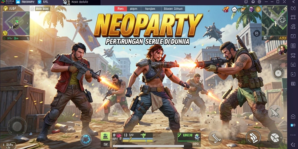 Tampilan screenshot NEOPARTY menampilkan aksi seru di medan perang Battle Royale.