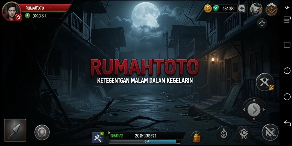 Screenshot gameplay RUMAHTOTO menampilkan suasana Horror yang mencekam.