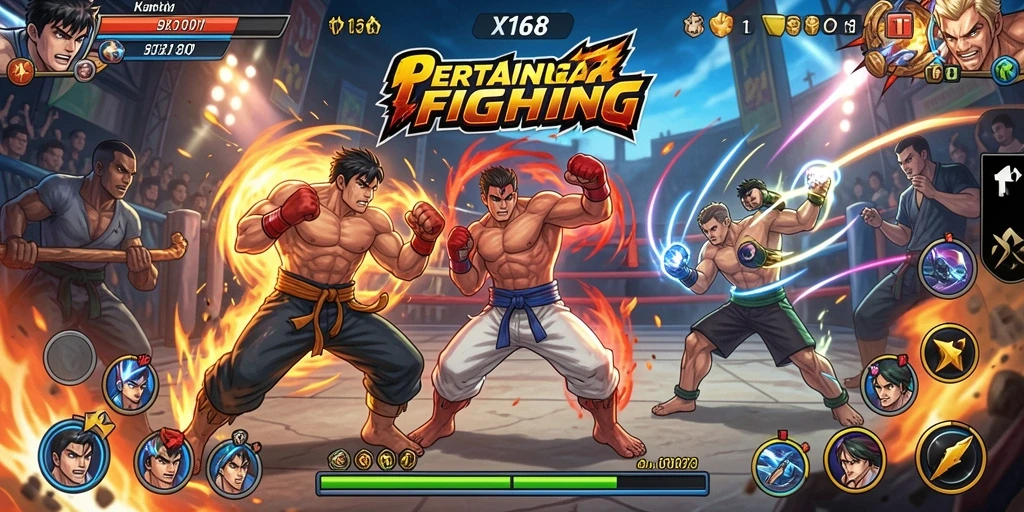 Tampilan gameplay seru dengan karakter Fighting yang beraksi.